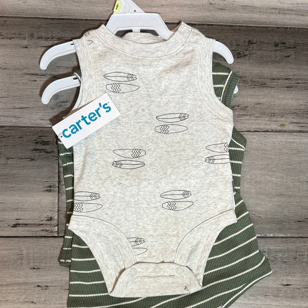NWT Carter's Olive Stripe & Heather Surfboard Sleeveless Baby Bodysuits